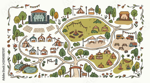 Doodle map of a music festival with stages camping tents food trucks campfire and park area handdrawn vector illustration seat plan, Generative AI.