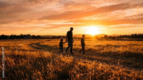 Happy father's day sunset walk with children in golden field