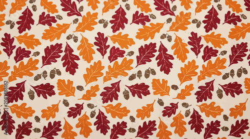 Seamless Autumn Pattern with Colorful Oak Leaves and Acorns on a Light Background - Fall Seasonal Textile Design