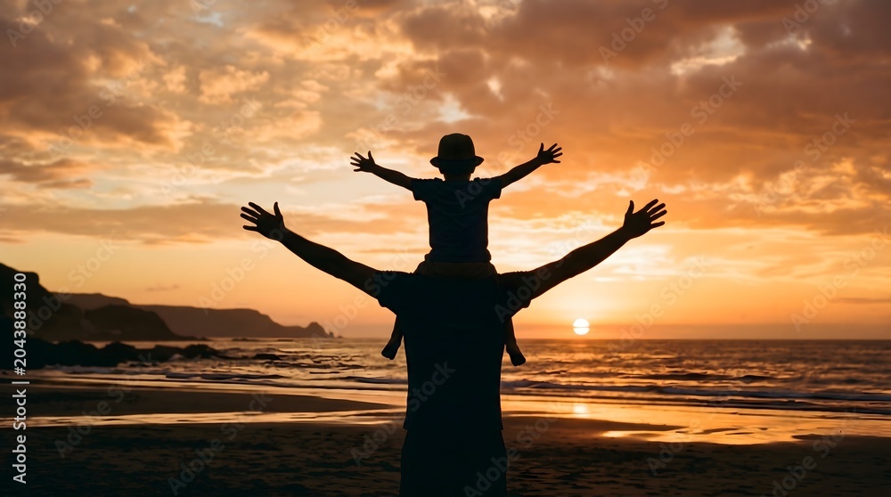 Fototapeta premium Father's day celebration with child on shoulders at beach sunset