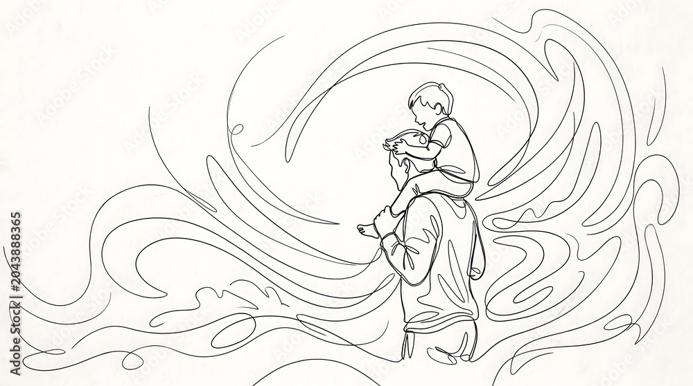 Obraz premium Father's day artistic line art of dad carrying son on shoulders