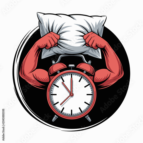 Фотография Muscular arms holding pillow over alarm.