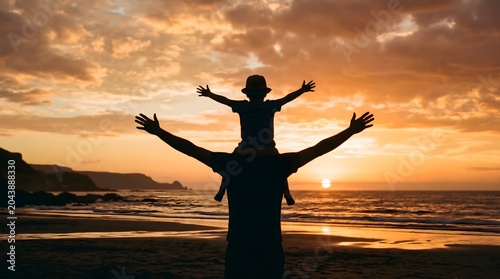 Father's day celebration with child on shoulders at beach sunset