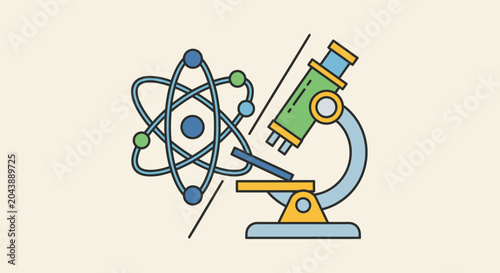 Photos Microscope with atom model science tool.
