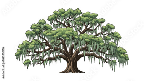 Pixel art illustration of a large live oak tree draped with Spanish moss