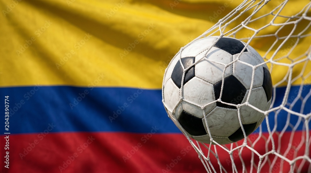Naklejka premium Soccer ball hitting the net with the national flag of Colombia in the background, symbolizing a goal and victory