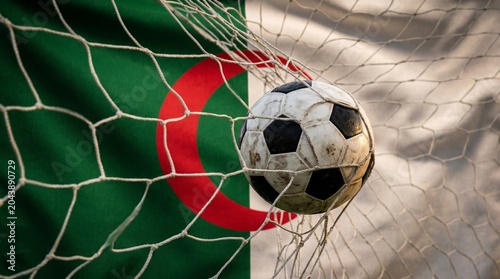 Soccer ball hitting the back of the net with the Algerian flag in the background, representing a goal for the national team