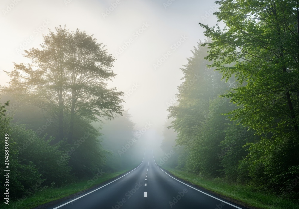 Fototapeta premium An endless paved road stretches into a dense ancient forest shrouded in thick morning mist, creating a sense of eternal calm and mystery, highway, light, wilderness