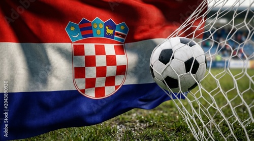 Soccer ball scoring a goal in the net with the national flag of Croatia in the background, representing sports victory and national pride