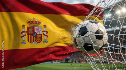 Soccer Ball Hitting the Goal Net with a Waving Spanish Flag in the Background, Representing a Victory for the Spain National Team