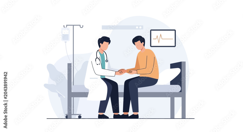 Fototapeta premium Doctor comforting patient on hospital bed, medical consultation, healthcare
