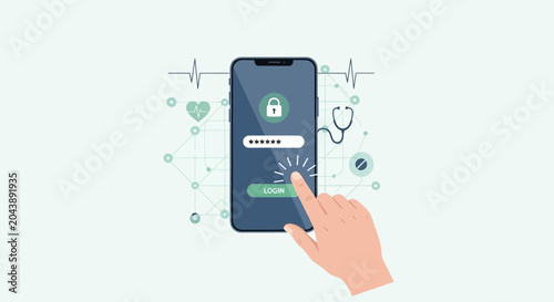 Digital health app login screen with stethoscope and heartbeat