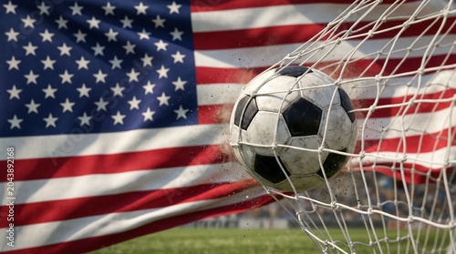 Soccer Ball Hitting Goal Net with United States Flag in Background