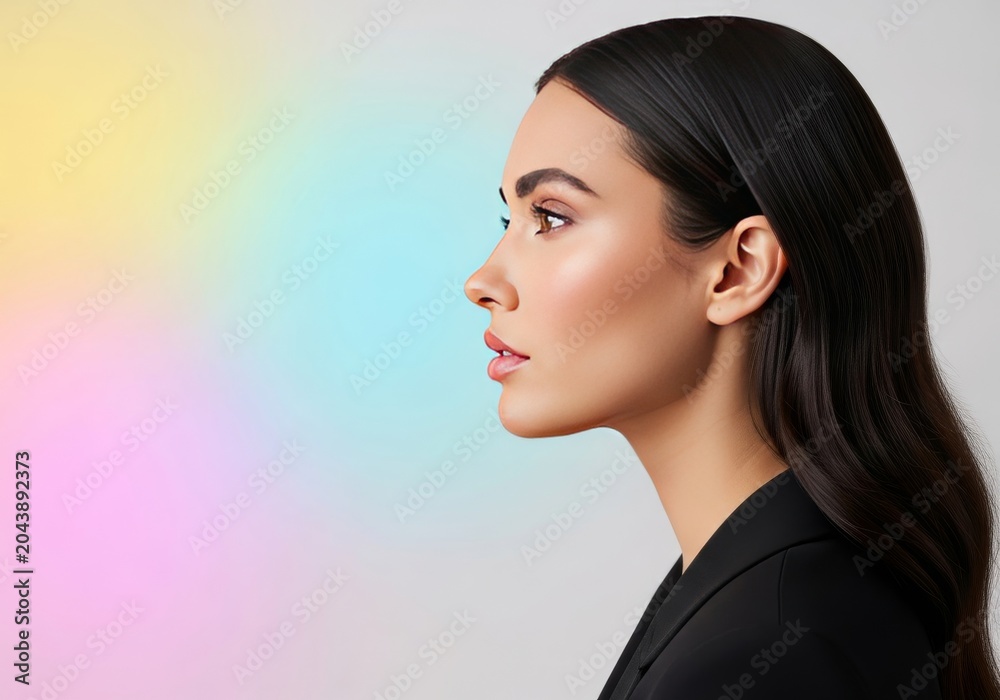 Fototapeta premium Elegant side profile showcasing refined facial features, high cheekbones, and shimmering dark tresses against a minimalist soft backdrop, silky, detailed, glowing