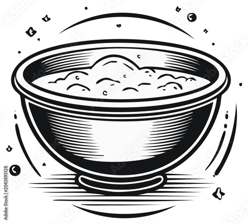 Hand drawn illustration of a bowl filled with bubbling soup or porridge