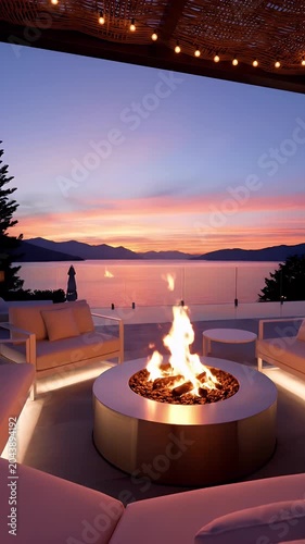 Luxurious Coastal Sunset Lounge with Circular Fire Pit and Ambient String Lighting