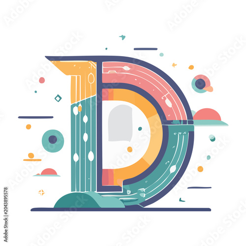 Stylized Letter D in Flat Design with Abstract Elements