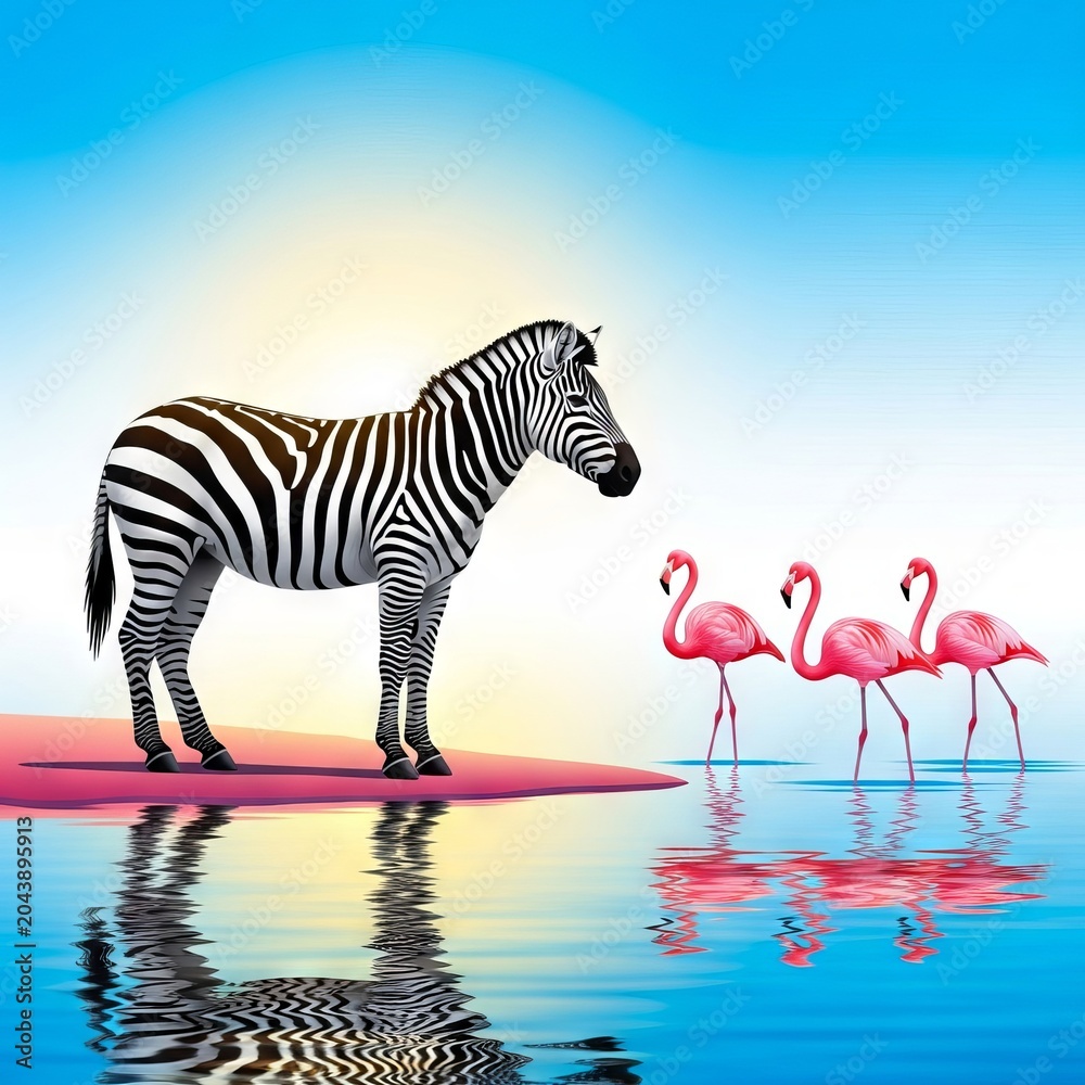 Obraz premium A majestic herd of striped zebras gathers at a pristine waterhole while vibrant pink flamingos wade through the shimmering surface nearby, water, reflection, birds