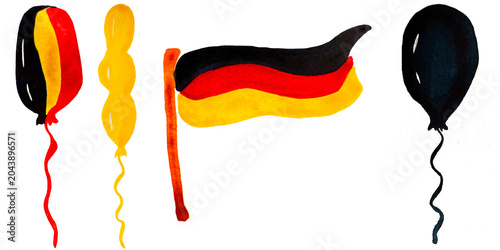 German Flag with Black Red Yellow Balloons Watercolor Celebration Elements for German Unity Day, national holidays, festivals, promotional materials, greeting cards, event banners