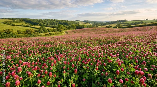 A beautiful landscape featuring a large field of vibrant crimson clover flowers under a bright sky with rolling green hills in the background.