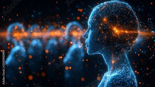 Abstract digital woman profile with glowing particles, crowd background.