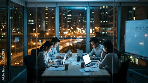 Five professionals collaborating in a modern office meeting room with a panoramic view of a city skyline at night. They are focused on laptops and paperwork on a conference table.