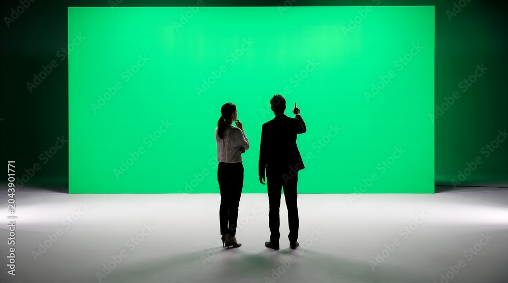 Fototapeta premium Professional man and woman stand together while pointing at a large bright green screen in a modern studio setting