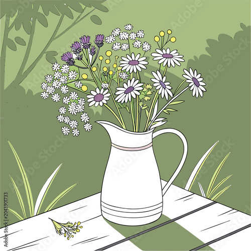 Rustic Light Purple Pitcher with Wildflowers and Queen Anne's Lace on Wooden Table.