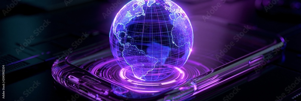 Naklejka premium Medium shot of a holographic globe glowing in bluepurple neon light floating inside a transparent smartphone frame in a dark tech lab with glossy futuristic surfaces