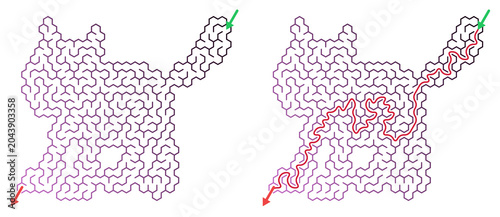 Cat maze design with solved path and starting point indication  