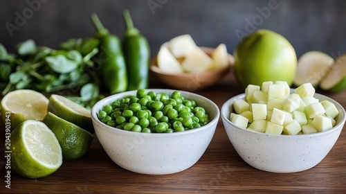 Freshly chopped green peas, diced , and limes ready for a healthy meal.