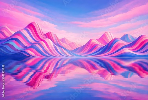 Abstract background with striped blue, pink, purple mountains reflecting in the water 