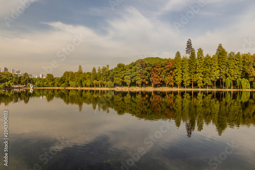 Reflections at East (Dong) lake in Wuhan, China