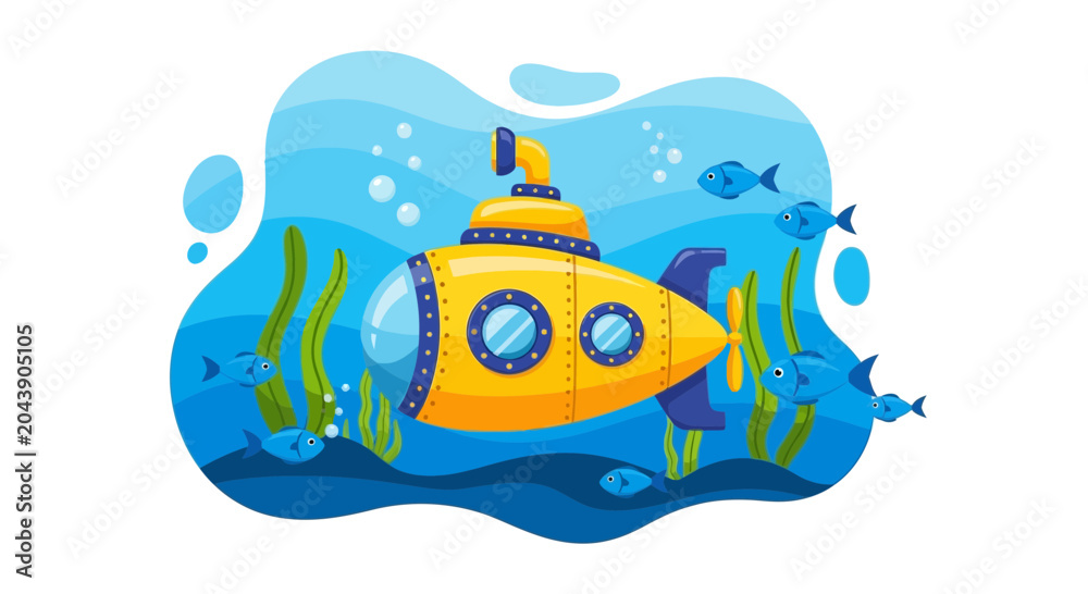 Obraz premium Cartoon Yellow Submarine Exploring Underwater World Vector