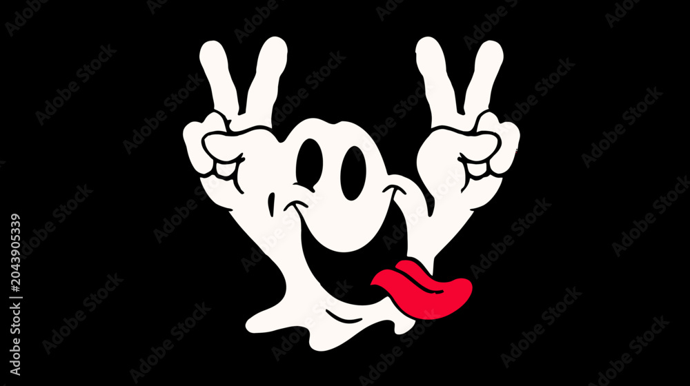 Fototapeta premium Ghost smiley face with peace signs and red tongue.