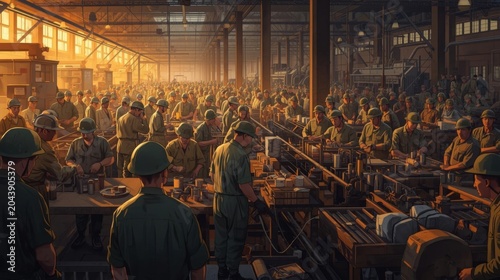 Total war concept factory workers and soldiers unified in effort with copy space warm industrial lighting factory background