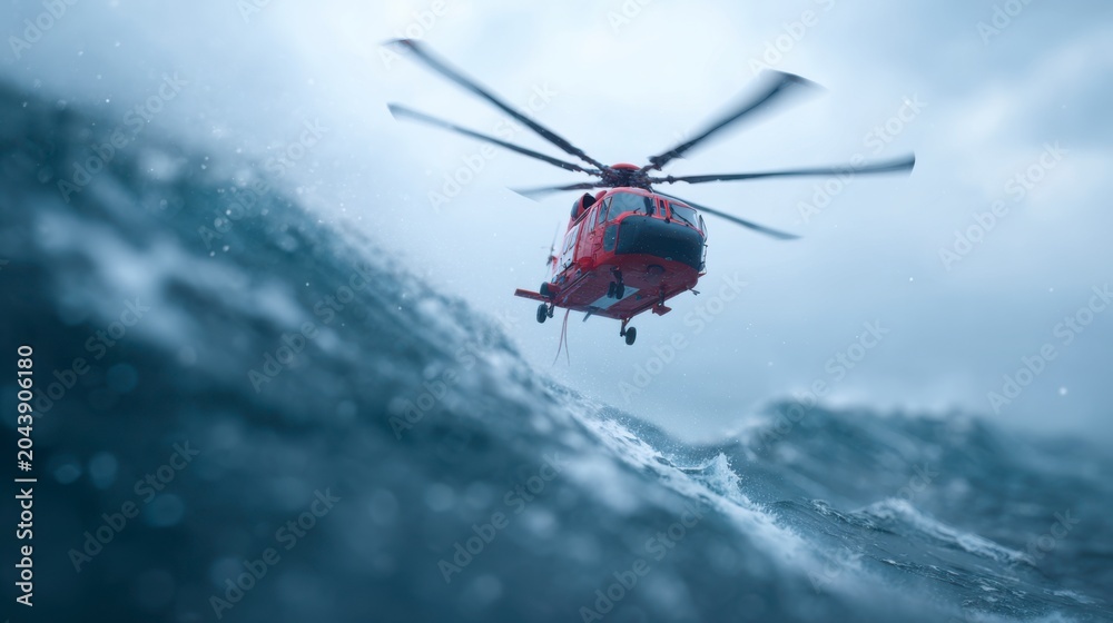 Fototapeta premium Rescue Helicopter Braving Stormy Seas in Search and Rescue Operations During Inclement Weather Conditions