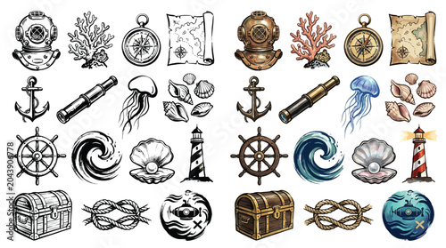 Принти на полотні Collection of nautical and marine-themed illustrations including anchors, compasses, maps, and diving equipment