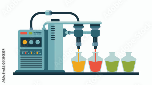 An automated industrial machine precisely fills four glass bottles with vibrant orange, red, and green liquids against a plain white background.