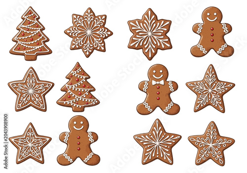 Obraz na plátne Festive Christmas Gingerbread Cookies Featuring Snowflakes, Trees, and Gingerbre