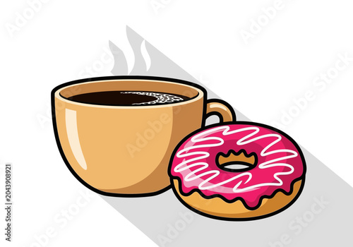 Photos Hot Coffee Cup Next to a Pink Iced Donut