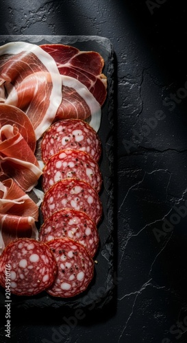 Slices of savory prosciutto and peppered salami laid on dark stone, highlighted by subtle light beams creating a deep, moody atmosphere, salami, snacks, artisanal