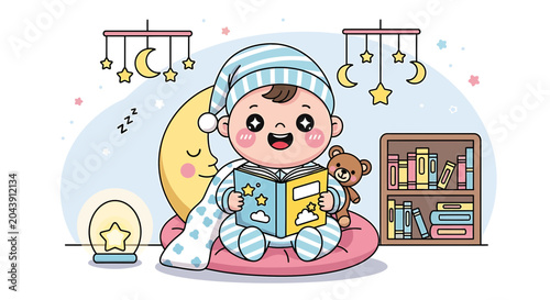 Cute baby reading a book on a moon with a teddy bear, stars and night sky