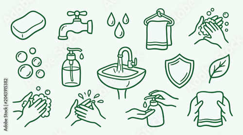 Bild auf Leinwand Collection of hand washing and hygiene icons, including soap, faucet, sink, and water drops, representing cleanliness and health