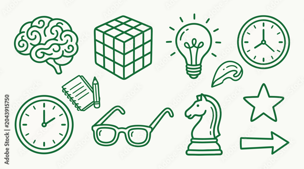 Fototapeta premium Collection of icons representing ideas, thinking, and strategy in a simple line art style.