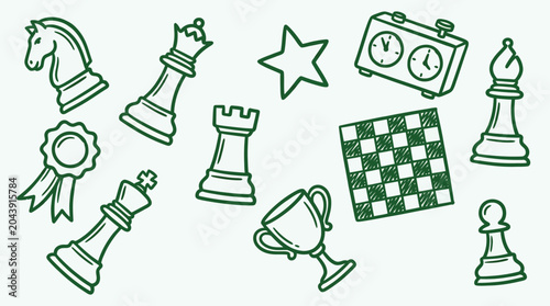Bild auf Leinwand Collection of hand-drawn chess pieces and related items, including a chessboard, timer, trophy, and ribbon