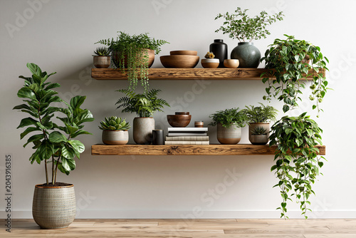 Wooden shelves display various plants and decorative items in a bright room