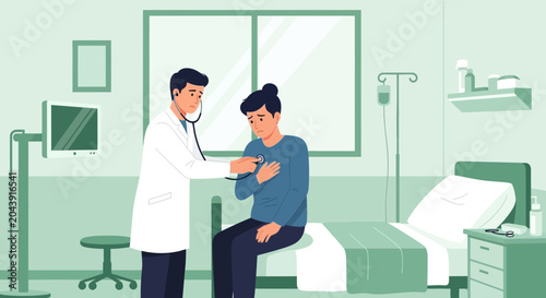 Doctor examining patient with stethoscope in hospital room illustration
