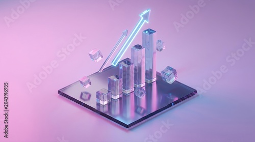 3D isometric financial growth bar chart with upward arrow, translucent glass business graph on neon pink and purple background