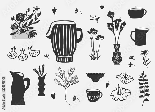 Hand drawn botanical folk art clipart set with floral elements illustrations. Floral arrangement clipart set, bouquets. Black and white isolated vector artwork.